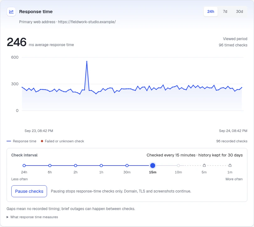 A response-time chart for one site checked every 15 minutes, with the check interval control below it.