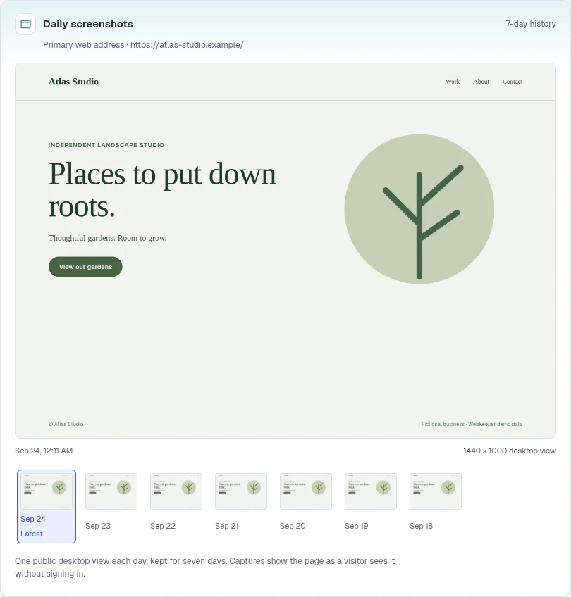 Daily screenshots of a fictional landing page, with thumbnails for the last seven days.